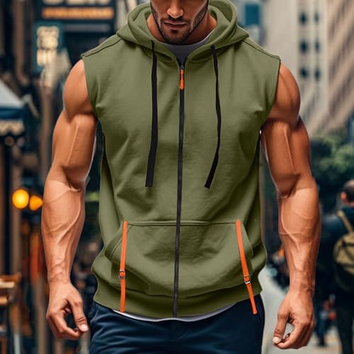 Men's Lightweight Full Zip Sleeveless Hooded Vest - Army Green, Medium