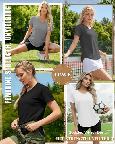 Velvelhall 4-Pack Women's V Neck Workout Shirts Large Black White Gray Activewear