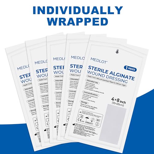LotFancy Calcium Alginate Wound Dressing, 4”x8” Patches, 10 Count, Sterile Non-Stick Padding, Highly Absorbent Wound Dressings Pads for Emergency Care, Fast Healing