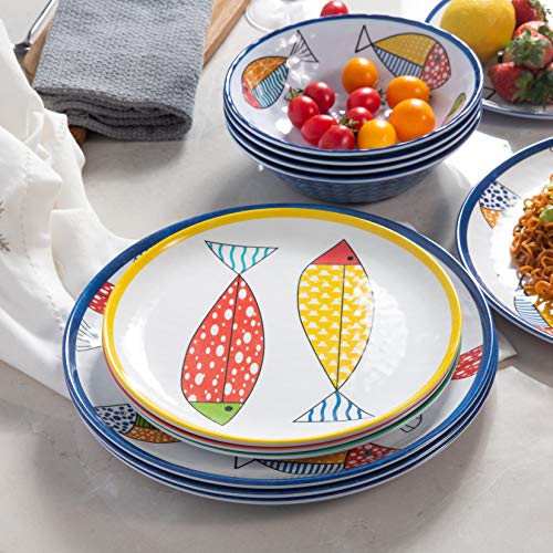 Gofunfun 12-Piece Melamine Dinnerware Set for 4 with Blue Fish Design - Plates & Bowls