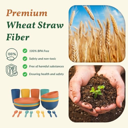 Homienly 20-Piece Wheat Straw Dinnerware Set Multicolor - Unbreakable Plates, Bowls, Cups & Utensils for Camping, Microwave & Dishwasher Safe