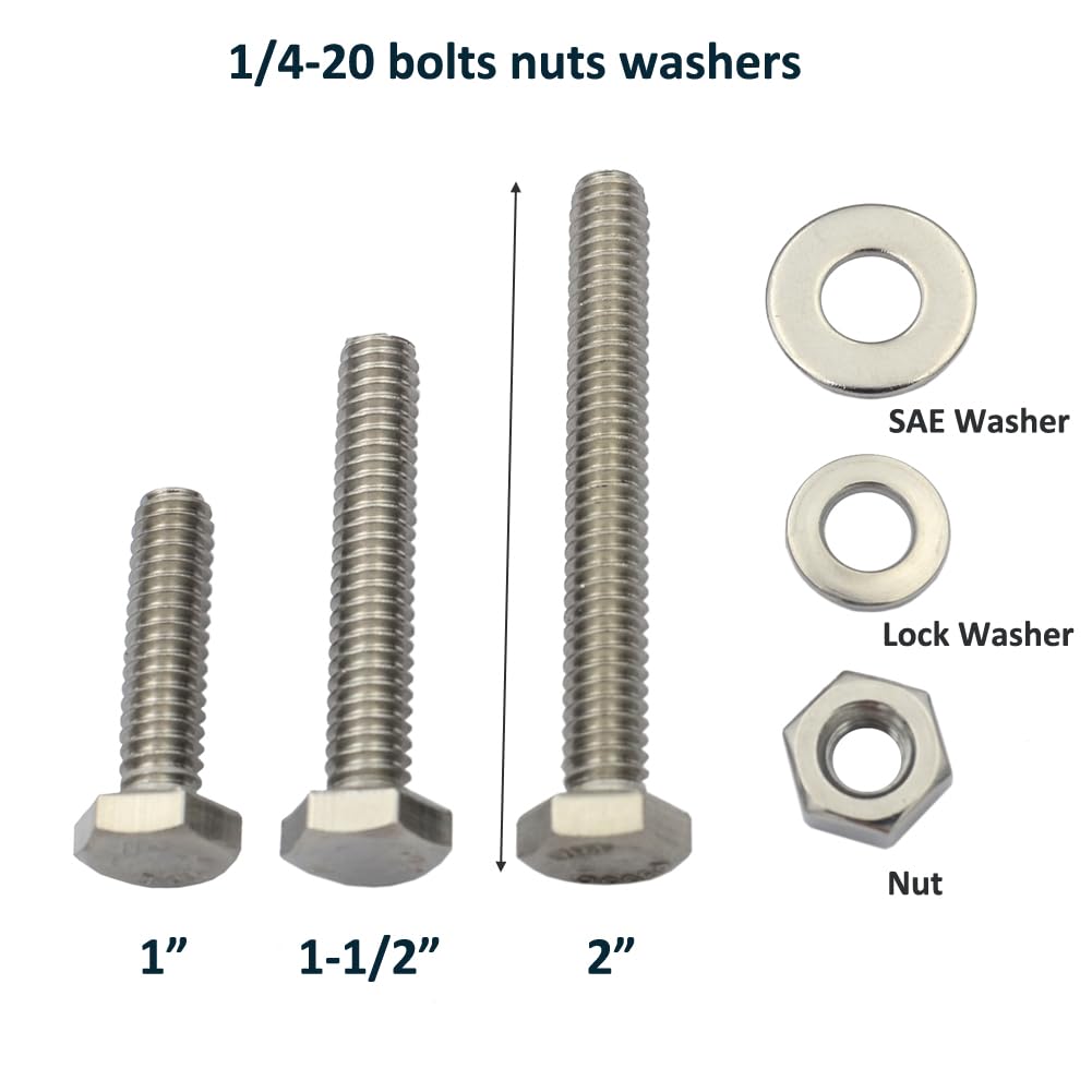 DGOL 20 Sets 1/4-20 x 1 inch Flat Head Hex Bolt Nuts Flat and Lock Washers Kit All Made of 304 Stainless Steel