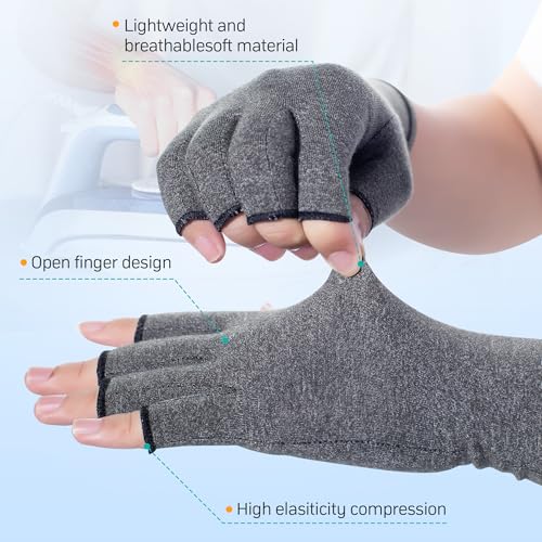 Compression Arthritis Gloves - Fingerless Hand Support - Black & Grey Medium