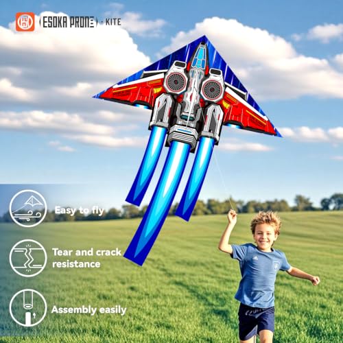 ESOKA PRON Red & Blue Spaceship Kite for Kids & Adults - Easy Fly Outdoor Toy