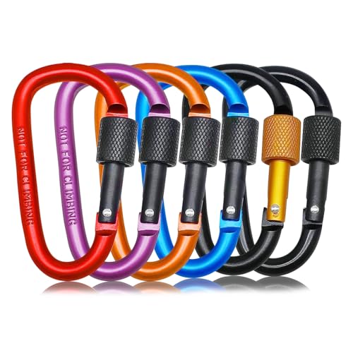 3-Inch D-Shape Locking Carabiner Clips - Multicolor Set of 6