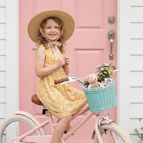 Light Blue Kids Bike Basket - Wicker Bicycle Front Basket for Children