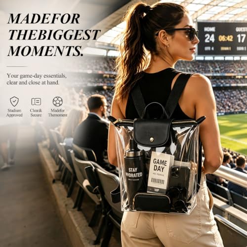 AKAIXI Clear Backpack with Leather Front Flap, Stadium Approved – Black