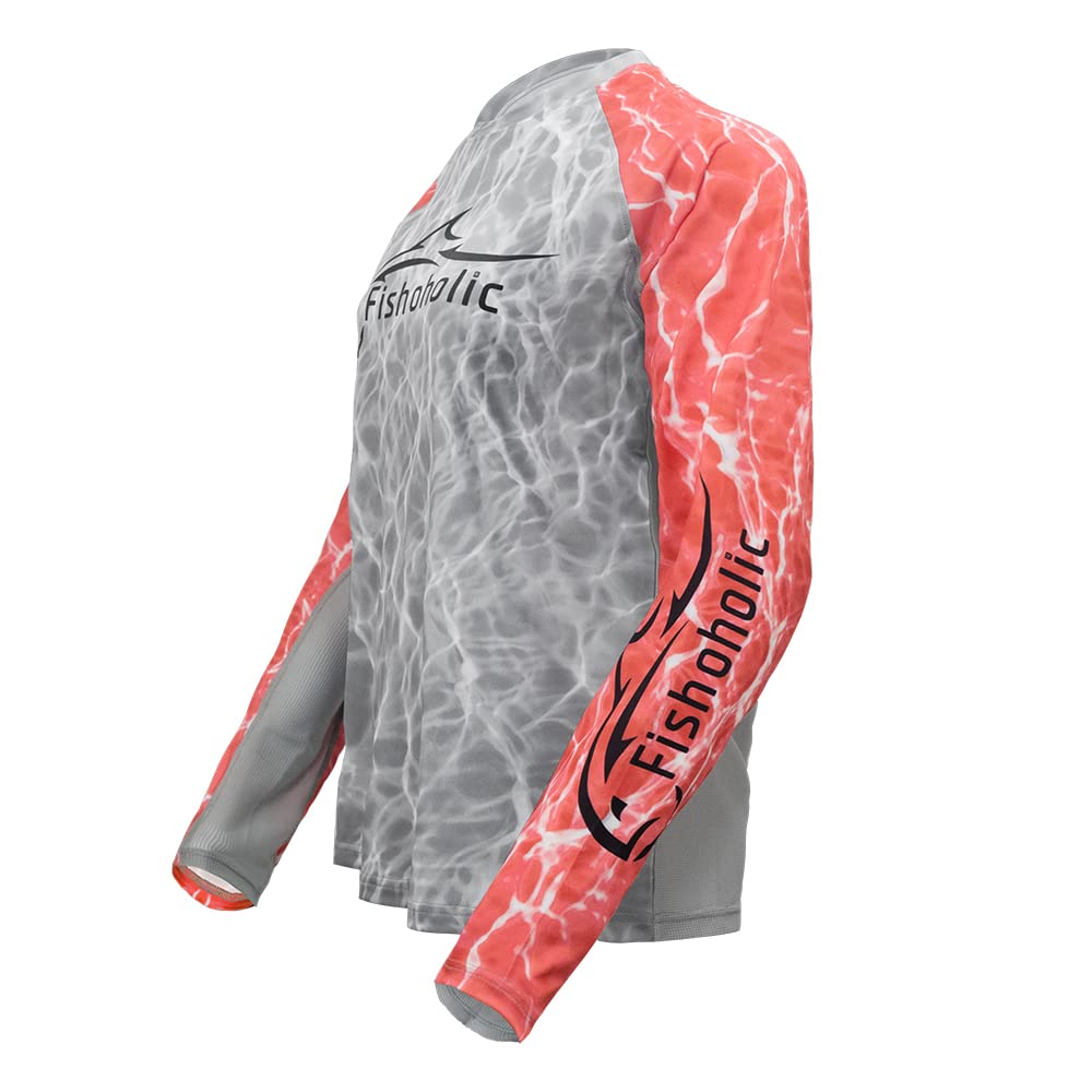 Fishoholic UPF 50 Women's Performance Fishing Shirt - Long Sleeve - Women's Cut - Breathable Quick Dry Sun Protection (wm-LS-gryCORALh2o-1X)