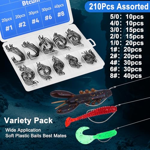 210 PCS Metal Fishing Hooks Set - 10 Sizes, Black, Durable Steel
