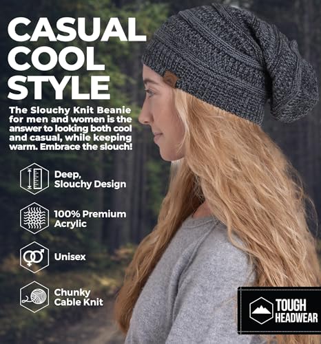 Slouchy Oversized Beanie Hat - Warm Winter Beanie for One Size - Black Gray