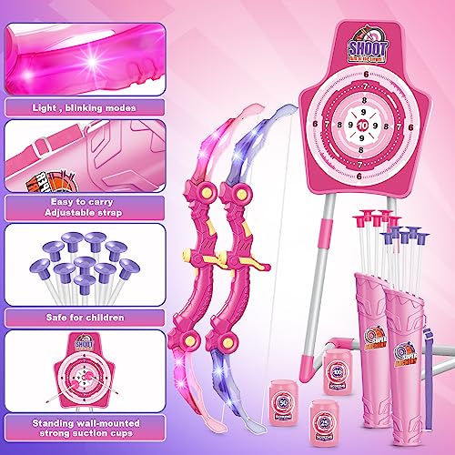Pink LED Light-Up Archery Set for Kids with Foam Dart Guns & Targets