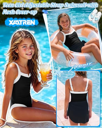 Girls One Piece Swimsuit with Skirt - Black, 15-16 Years