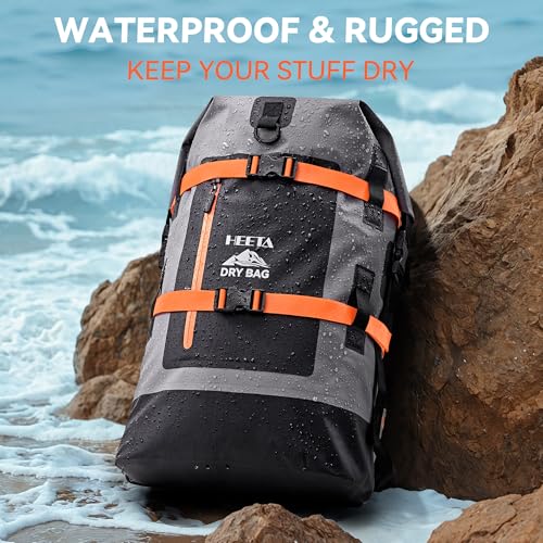 HEETA 40L Waterproof Dry Backpack Grey Heavy Duty Waterproof Bag for Hiking & Travel