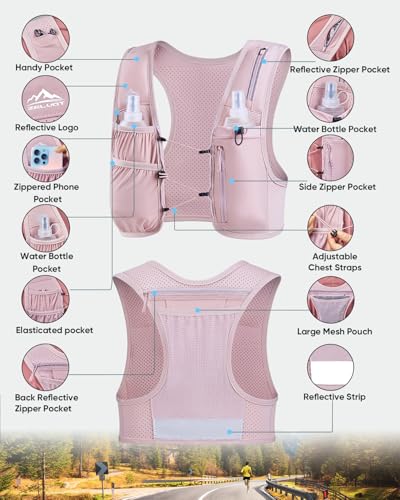 Zelvot Adjustable Running Hydration Vest for Women & Men - Pink, X Small-Small with 500ml Soft Flask