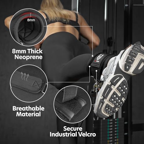Ankle Straps for Cable Machines - Padded Gym Cuffs - Black