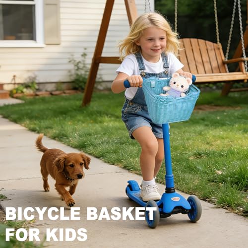 RainFlowwer Blue Kids Bike Basket with Adjustable Leather Straps & Hand Handles