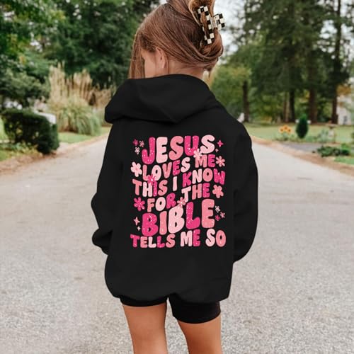 Girl's Christian Graphic Hoodie - God Jesus Loves Me - Black, 5-6 Years