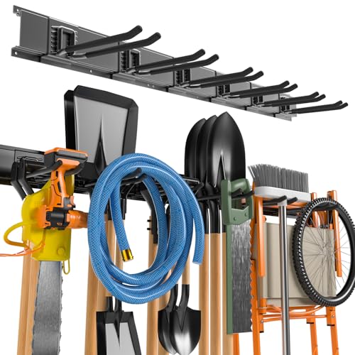 Garage Tool Organizer Wall Mount, 49.5 Inch Garage Organization and Storage Heavy Duty with 3 Packs Rails and 6 Adjustable Hooks, Garden Yard Tool Hanger Rack for Shovel, Max Load 600lbs