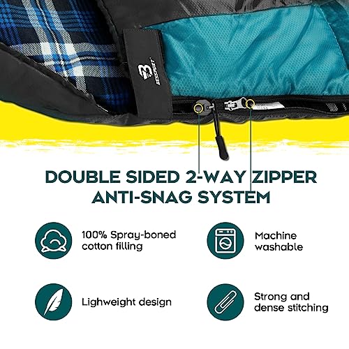 Bessport Flannel-Lined Winter Sleeping Bag - Grey & Blue -5℃, 3-4 Season Lightweight Waterproof Camping Gear