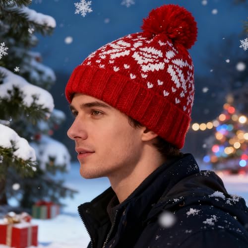Winter Pom-Pom Beanie Hat for Women & Men - Red Medium