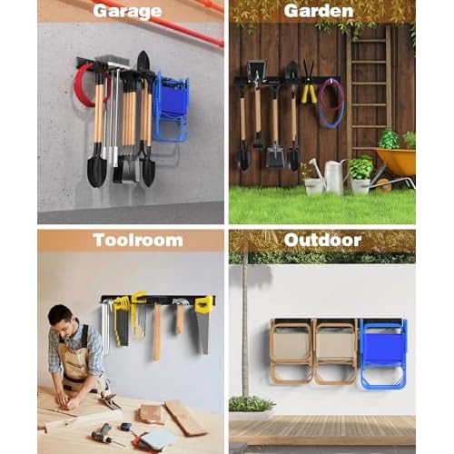 Garage Tool Organizer Wall Mount, 49.5 Inch Garage Organization and Storage Heavy Duty with 3 Packs Rails and 6 Adjustable Hooks, Garden Yard Tool Hanger Rack for Shovel, Max Load 600lbs