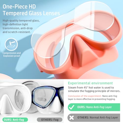 KLERICER Pink Snorkel Set for Adults - 180° Panoramic Anti-Fog Frameless Mask & Snorkel