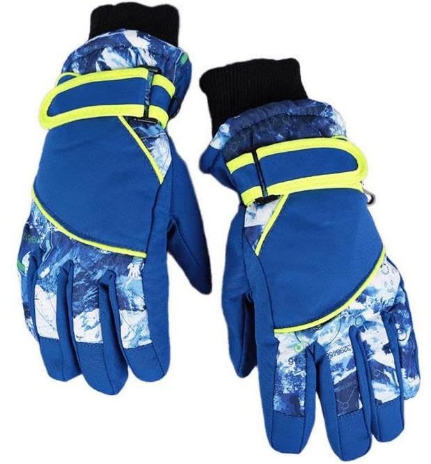 Kids Winter Ski Gloves - Windproof Water-Resistant Warm Mittens - Blue, Medium