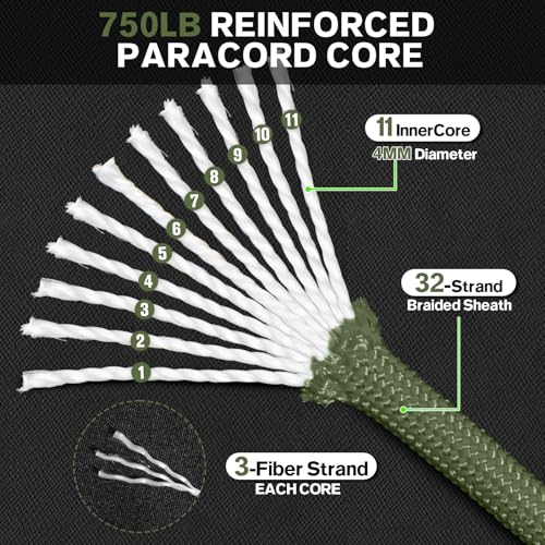 750 lb Paracord Rope - 4mm 11 Strand Utility Nylon String - Army Green 50ft