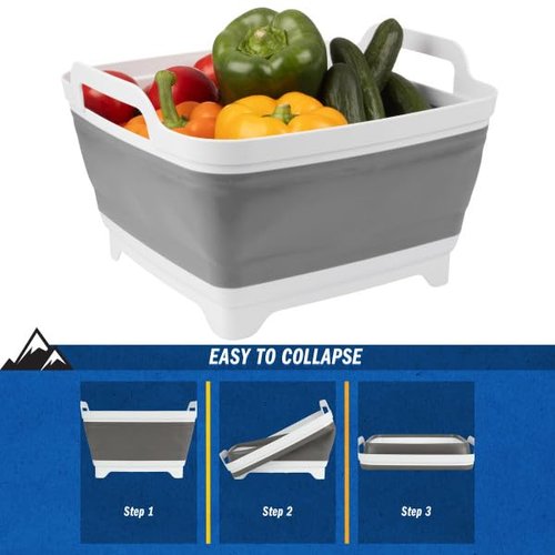 Collapsible Wash Basin - 9L Portable Sink with Drain - Plastic Tub Dish Pan for Camping, Handwashing Laundry, or Dishes by Wakeman Outdoors (Gray)