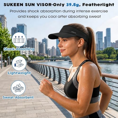 Sukeen Black Sports Sun Visor Hat for Women & Men Moisture-Wicking Foldable
