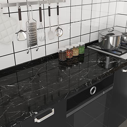 CRE8TIVE Black Marble Contact Paper for Countertops Waterproof Glossy Marble Wallpaper Peel and Stick Countertops Self Adhesive Removable Marble Vinyl Roll for Cabinets Table Tops Shelf Liner 12"x80"