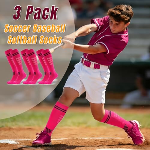 Kids and Adults Soccer Socks 3 Pack Over Calf Athletic Football Sport Socks - Hot Pink Medium
