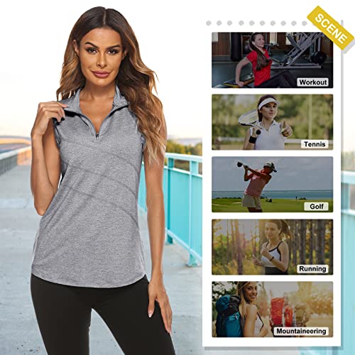 Koscacy Women's Grey Sleeveless Golf & Tennis Polo Shirt, Zip Up, Dry Fit Workout Tank Top - Large