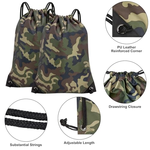 Large Green Camo Drawstring Bags - 2PCS Cinch Backpack Set