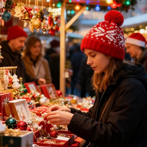 Winter Pom-Pom Beanie Hat for Women & Men - Red Medium