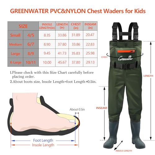 Kids Chest Waders with Boots - Green, 10-11 Years Waterproof Fishing Gear