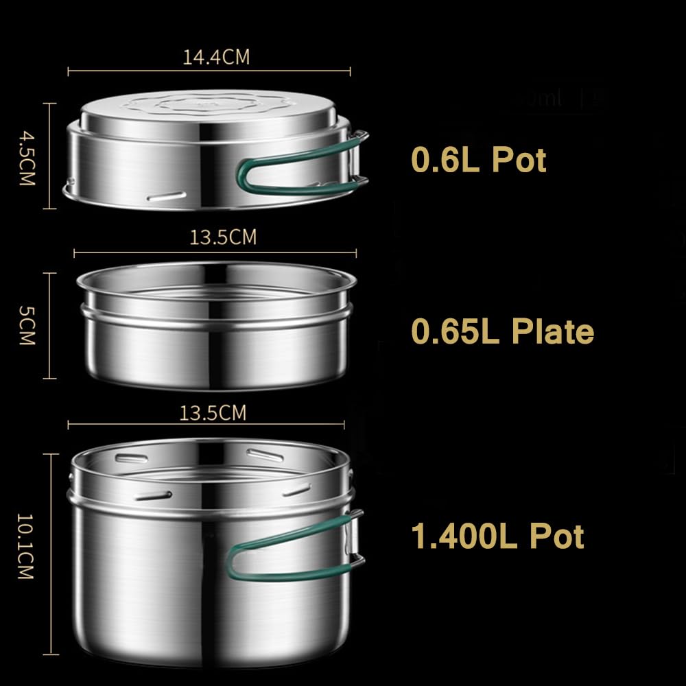 Camping Cookware Mess Kit, Stainless Steel Camping Cooking Set, Backpacking Cooking Set Backpacking Gear with Mini Stove for Camping,Backpacking,Picnic, Hiking