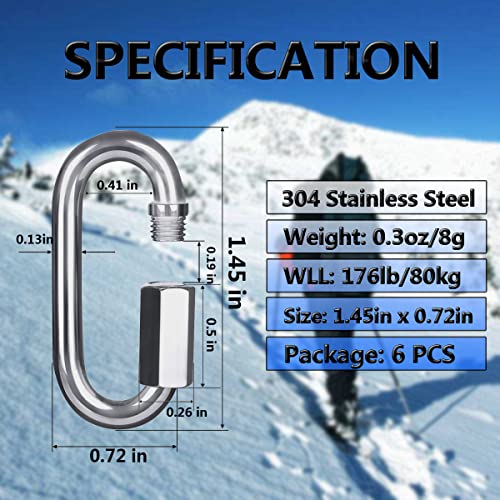 M3.5 Stainless Steel D Shape Locking Carabiner Keychain - 6 Pack
