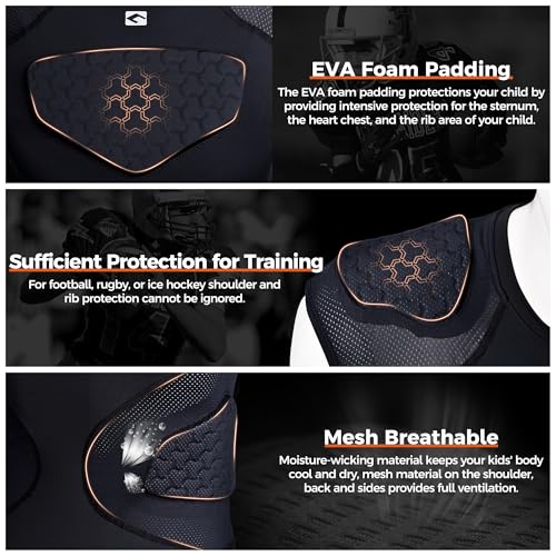 Youth Football Padded Shirt with 5-Pad Protection - Black, Medium