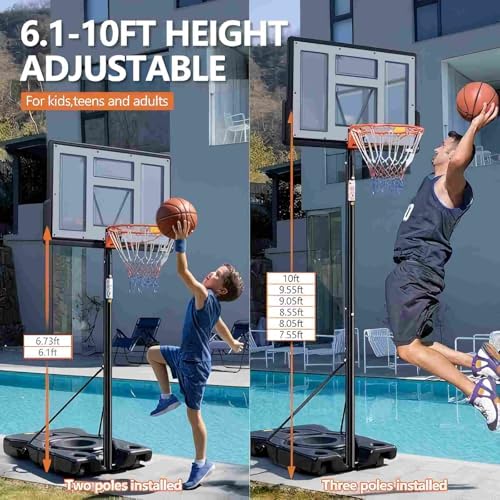 Portable Basketball Hoop - 6.1-10FT Adjustable Height, 44 Inch Backboard, Grey