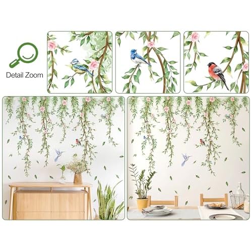 Hanging Vine Wall Decals Removable Birds Green Leaf Wall Stickers Peel and Stick Plants Home Art Decor for Kids Girls Teens Nursery Bedroom Living Room Sofa TV Background Wall