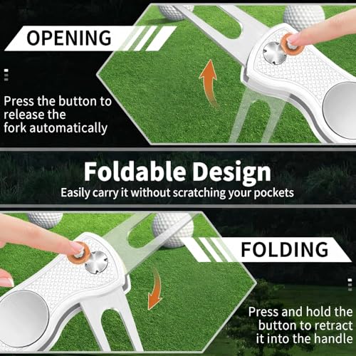 Foldable Golf Divot Repair Tool with Magnetic Ball Marker - White