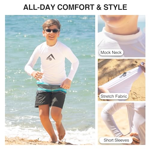 Boys' Long-Sleeve Rash Guard Swim Shirt - White, Size 14-16