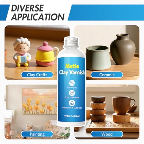 Air Dry Clay Varnish, 120ml Matte Glaze with 2 Brushes for Air Drying Clay, Clear Varnish for Craft Pottery, Oil Painting, Wood, Scratch Resistant Waterproof (120ML Matte)