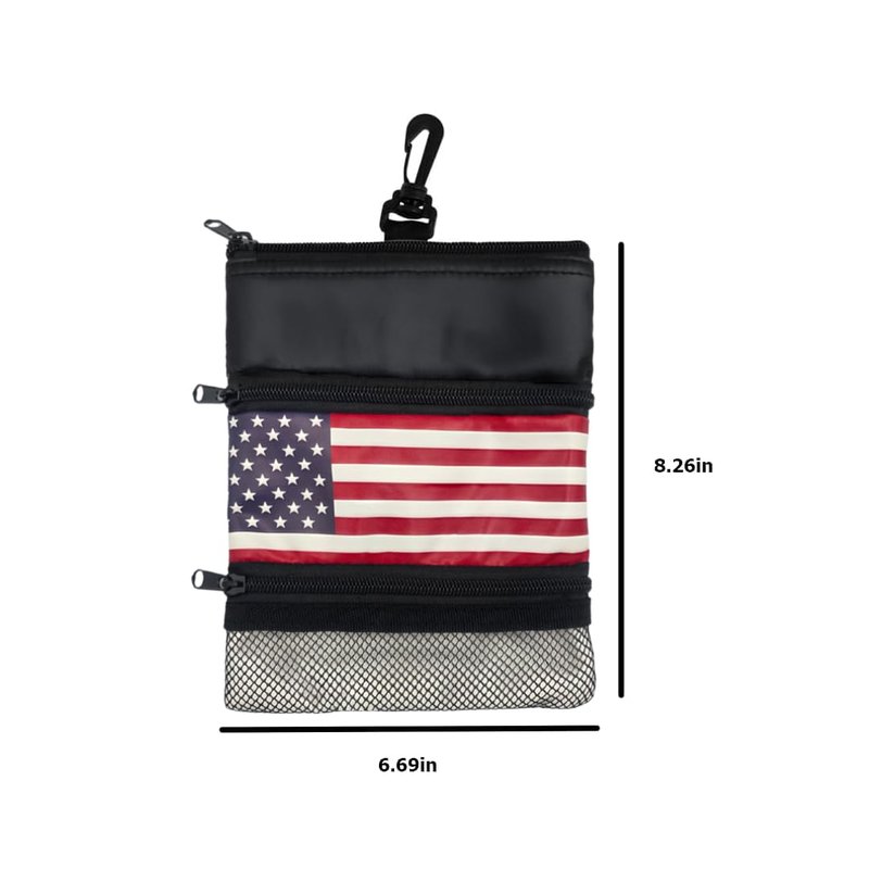 Multifunctional Golf Accessories Pouch – 3 Zippered Compartments for Golf Tees, Balls, Markers & Personal Items | Clip-On Bag for Easy Attachment to Golf Bags (US Flag)