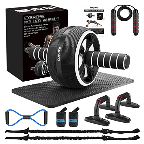 Ab Roller Wheel Kit - 10-in-1 Exercise Set with Resistance Bands, Knee Mat, Jump Rope, Push-Up Bar - Black