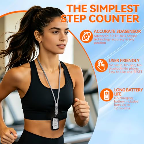 3D Step Counter Pedometer with Clock and Clip Lanyard - Black
