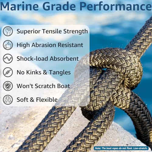 Boat Dock Lines 1/2" x 15' - Double Braided Nylon, 4 Pack