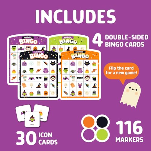 Halloween Bingo Game for Kids & Families - 4 Double-Sided Cards