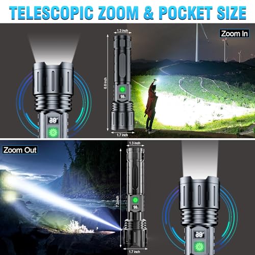 Hoxida Tactical Rechargeable Flashlight 2000 Lumen 5 Modes, 20h Runtime, Zoomable IPX5, USB C, 2pc
